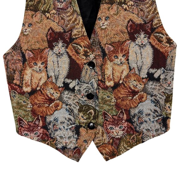Vtg 90s Kitten Cat Print Tapestry Vest by Facets by Mirrors Women's Large - Picture 3 of 11